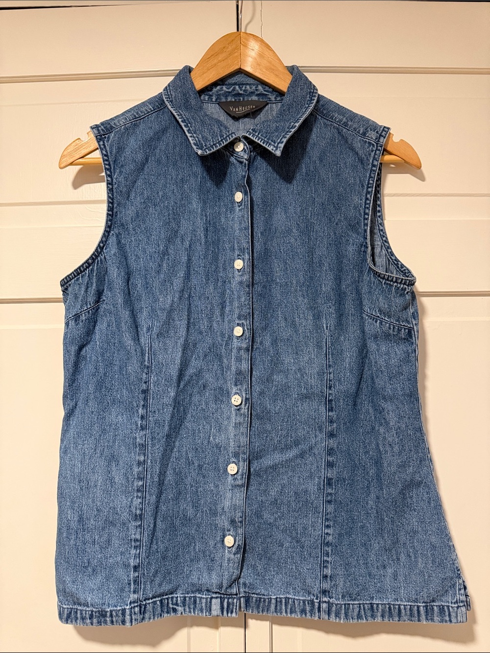 Van Heusen Sleeveless Denim Button-Down Top - Blue